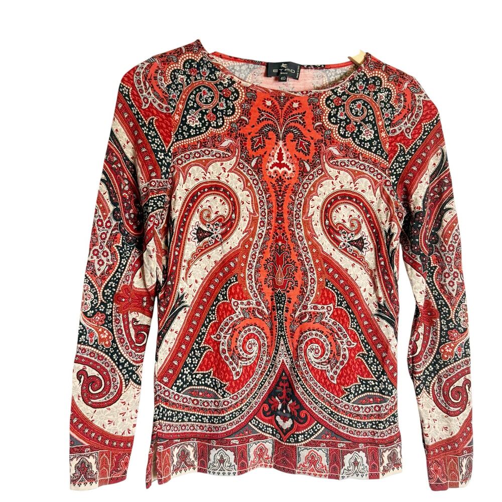 Etro Italian Luxury Red Paisley Print Long Sleeve Pure Wool Top Size Small